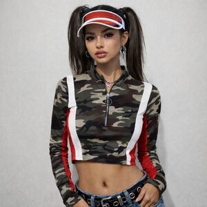Hot Kiss Y2K Camo Quarter Zip Cropped Top - Size M